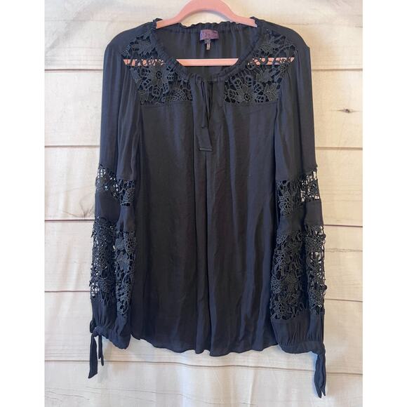 Hale Bob Black Long Sleeve Eyelet Top Size MED - Picture 1 of 5